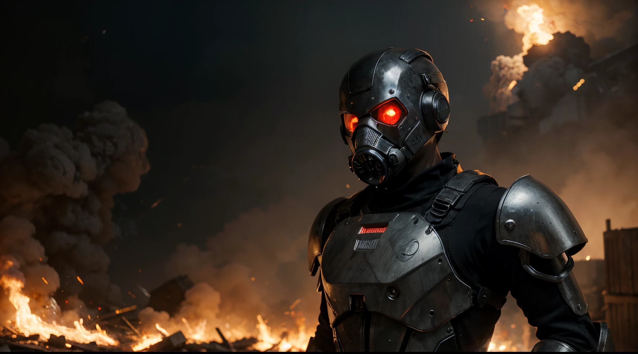 (best quality,4K,8K,Hohe Strukturen,masterpiece:1.2),Hyper-Detaillierung,(realistischerweise,fotorealistisch,fotorealistisch:1.37, front view, realistic, machine, half gasmask, black metal, red eyes, glowing eyes, science fiction, shoulder pads, human, robot suit, upper body, facing viewer, industrial pipes, apocalyptic background, apocalypse, cyberpunk, sparks, flames, smoke, fire background, explosions,