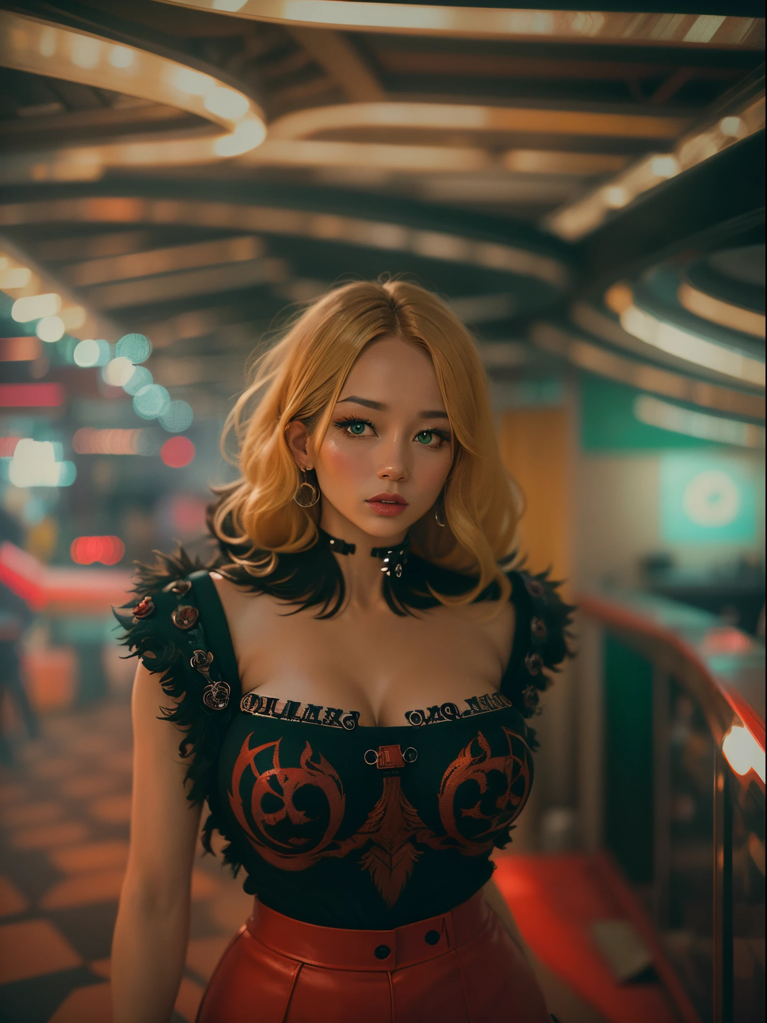 analogue photo of young blonde woman with cyberpunk hair, (((big boobs))) in a 1950 korean hotel lobby, ((green and red neon lights)), (((((high fashion clothes in the style of Alexander McQueen))))), supermodel, sexy model poses, masterpiece, eye level, Kodak Funsaver, Porta 160, 20mm, bokeh, in the style of Nan Goldin, textured, distressed, ((vintage)), edgy, noisy, high contrast, ((wrong framing))