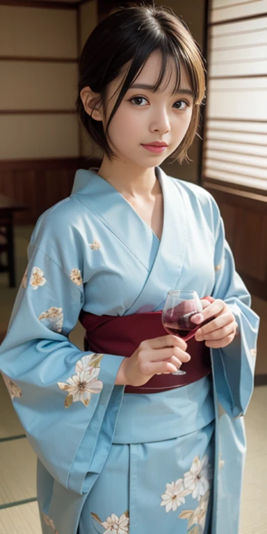 (masutepiece, Best Quality:1.4), Beautiful face, 8K, 85 mm, absurderes, ((Cowboy Shot:1.3))、((traditional Japanese room、With futon))、(Floral pattern long-sleeved kimono:1.4), cowboy shot、((drinking wine:1.4))、violaceaess, gardeniass, Delicate girl, Solo, ((extremely short hairstyle:1.4))、Night, Looking at Viewer, Upper body, Film grain, chromatic abberation, Sharp Focus, face lights, Professional Lighting, Sophisticated, (Smile:0.4), (Simple background, Bokeh background:1.2), Detail Face