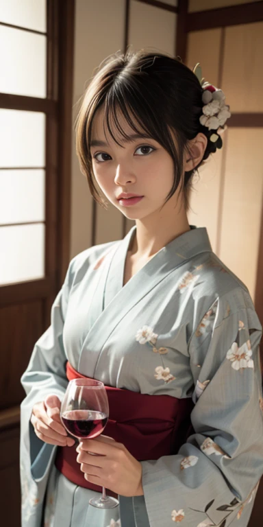 (masutepiece, Best Quality:1.4), Beautiful face, 8K, 85 mm, absurderes, ((Cowboy Shot:1.3))、((traditional Japanese room、With futon))、(Floral pattern long-sleeved kimono:1.4), cowboy shot、((drinking wine:1.4))、violaceaess, gardeniass, Delicate girl, Solo, ((extremely short hairstyle:1.4))、Night, Looking at Viewer, Upper body, Film grain, chromatic abberation, Sharp Focus, face lights, Professional Lighting, Sophisticated, (Smile:0.4), (Simple background, Bokeh background:1.2), Detail Face