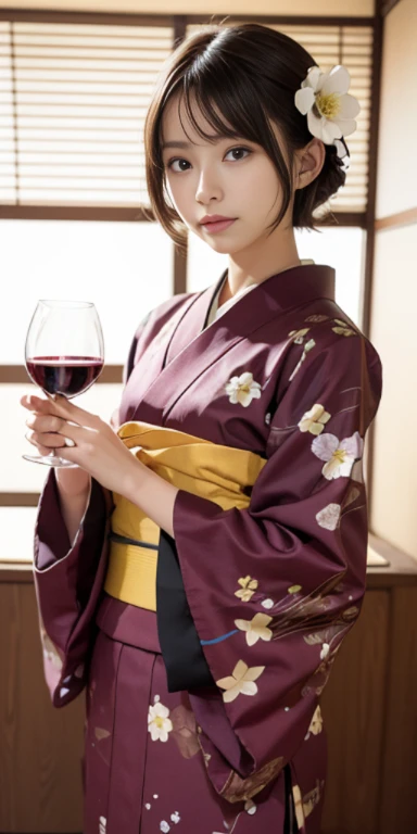 (masutepiece, Best Quality:1.4), Beautiful face, 8K, 85 mm, absurderes, ((Cowboy Shot:1.3))、((traditional Japanese room、With futon))、(Floral pattern long-sleeved kimono:1.4), cowboy  shot、((drinking wine:1.4))、violaceaess, gardeniass, Delicate girl, Solo, ((extremely short hairstyle:1.4))、Night, Looking at Viewer, Upper body, Film grain, chromatic abberation, Sharp Focus, face lights, Professional Lighting, Sophisticated, (Smile:0.4), (Simple background, Bokeh background:1.2), Detail Face