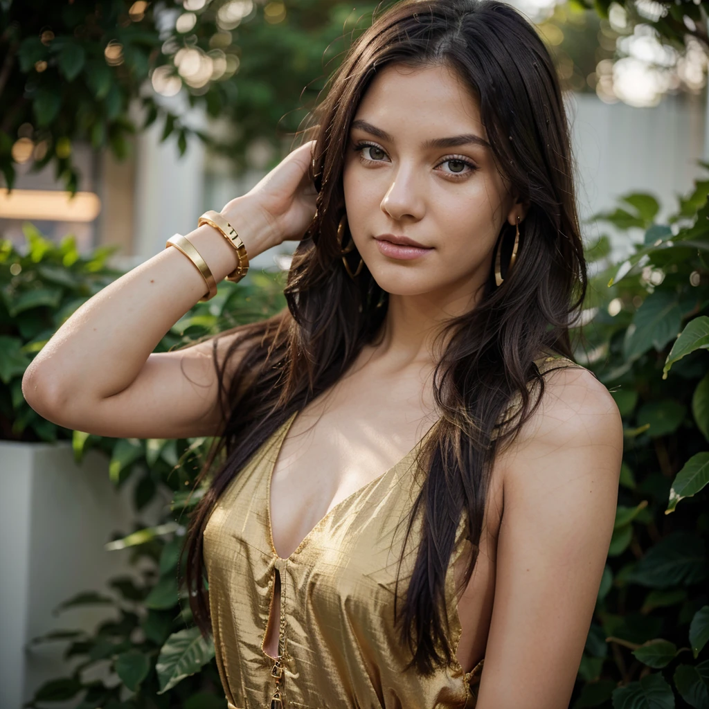 (one girl), Hanna, a 21 year old girl, 1.70 meters tall, weighs 49 kg, has very long and straight dark purple hair, has big green eyes, wears gold earrings and bracelets, always has a smartwatch on wrist, shot on Arricam LT Camera, bokeh, sharp focus, looking at viewer, (hands hidden), ultra realistic style, (seed 3978045937)