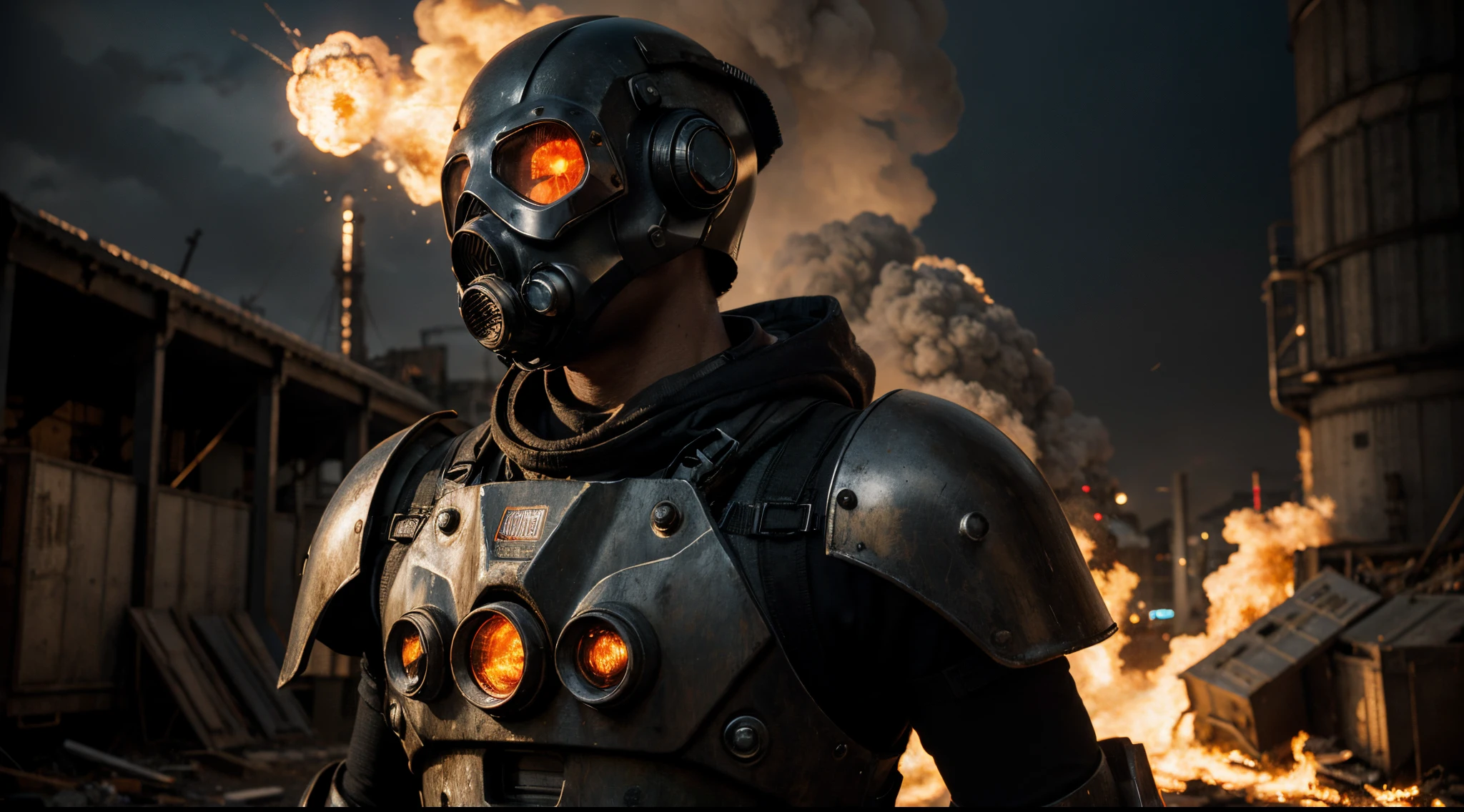 (best quality,4K,8K,Hohe Strukturen,masterpiece:1.2),Hyper-Detaillierung,(realistischerweise,fotorealistisch,fotorealistisch:1.37, front view, realistic, machine, gasmask, black metal, red eyes, glowing eyes, science fiction, shoulder pads, human, robot suit, upper body, facing viewer, industrial pipes, apocalyptic background, apocalypse, cyberpunk, sparks, flames, smoke, fire background, explosions,