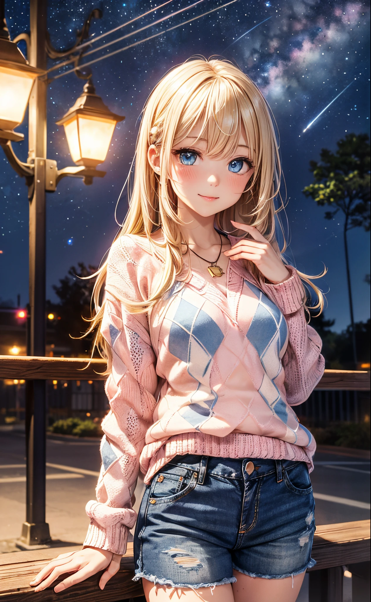 absurderes, ultra-detailliert,bright colour,(At 8K:1.3),masuter piece,extremely beautiful detailed face and eyes,8K,(Deep Blue Eyes:1.2),(Loose Size Pink Argyle Knit:1.4),(Short denim:1.2),Cute smile、Synchrosis Necklace、Stylish bracelets,Inside the boutique,(Full body:1.2) X-Hair,Aurora、city light、constellation、Crescent,intergalactic,lamp post, Particles of light, milkyway, natta, nigh sky, outside of house, planetes, Power lines, shooting stars, Skysky, Skyscraper, 独奏、Stargazing,Star_\(skyporn\)、starrysky、Winters、(Smooth straight blonde hair:1.3), (Shiny hair:1.2), Delicate beautiful face, red blush、
