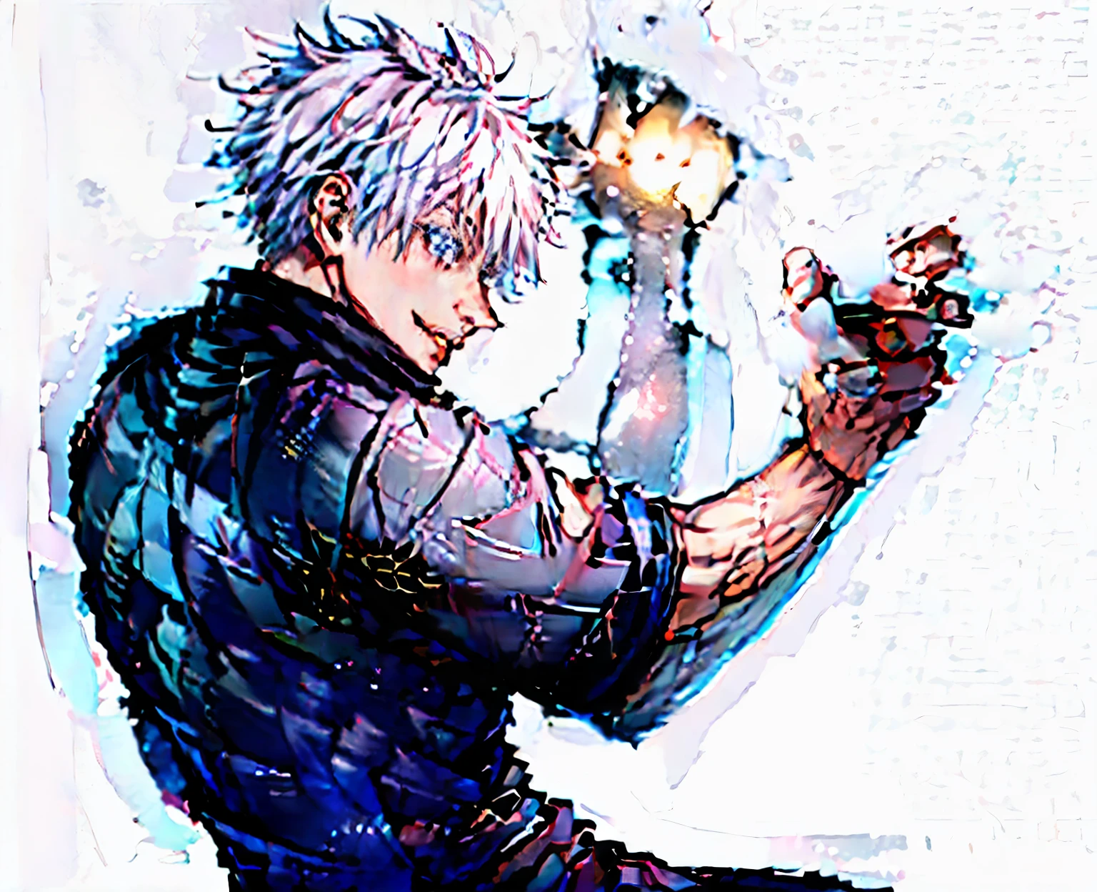 Color this drawing of a man with a black shirt , fighting pose, heavy gesture style closeup, fight pose, fighting stance, badass pose, shrugging arms, most strongest pose, handsome anime pose, pudica pose gesture, muscular! white, anime pose , Gojo satoru from jujutsu kaisen , gojo satoru