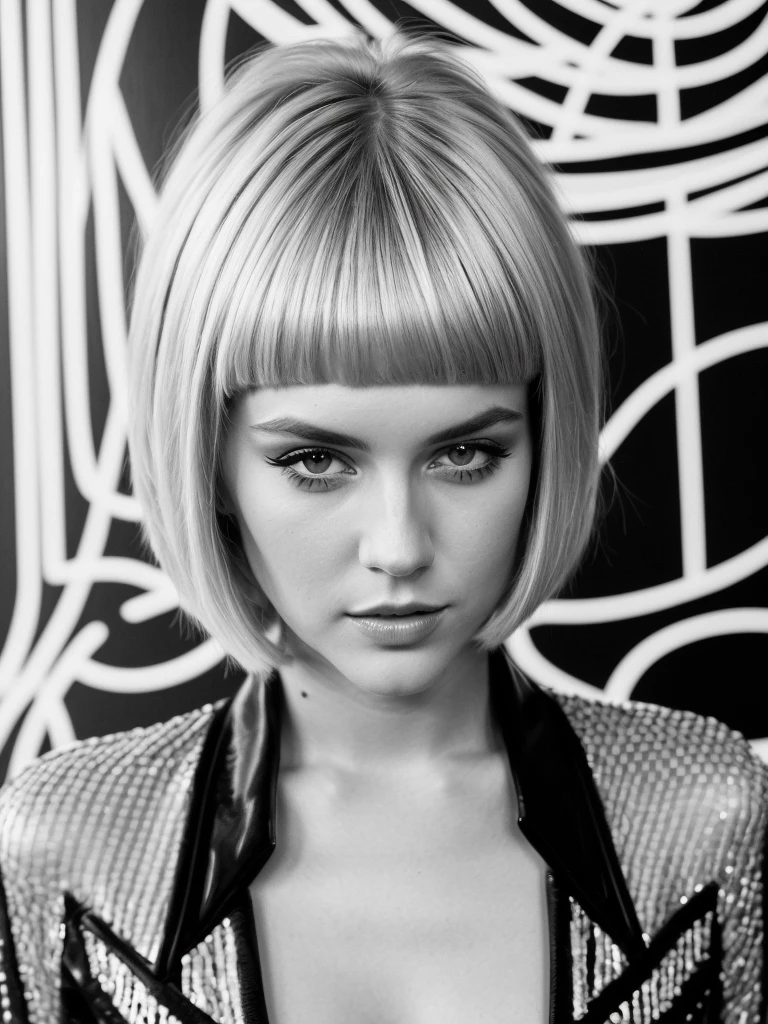 (full body shot, ultra-detailed, best quality, photorealistic:1.37, 4k, realistic, photography, blonde bob cut hairstyle, tall Fashion Model, model stance pose, optical art, black and white design, detailed facial features, optical art in the background, vibrant colours, in the style of Helmut Newton, 35mm)