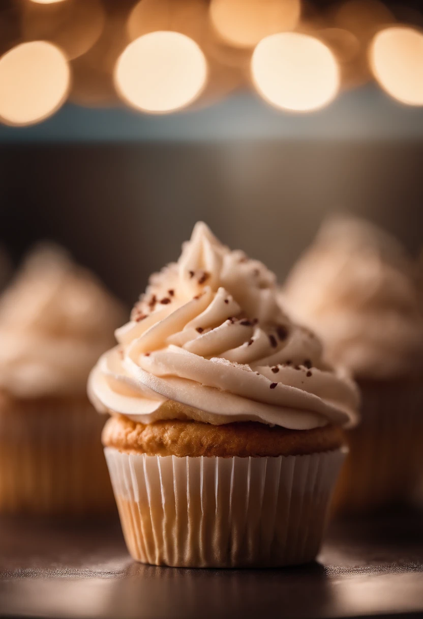 Capture a detail shot of a perfectly frosted cupcake, showcasing the intricate piping work and decorative elements that make it a visually appealing and sweet snack