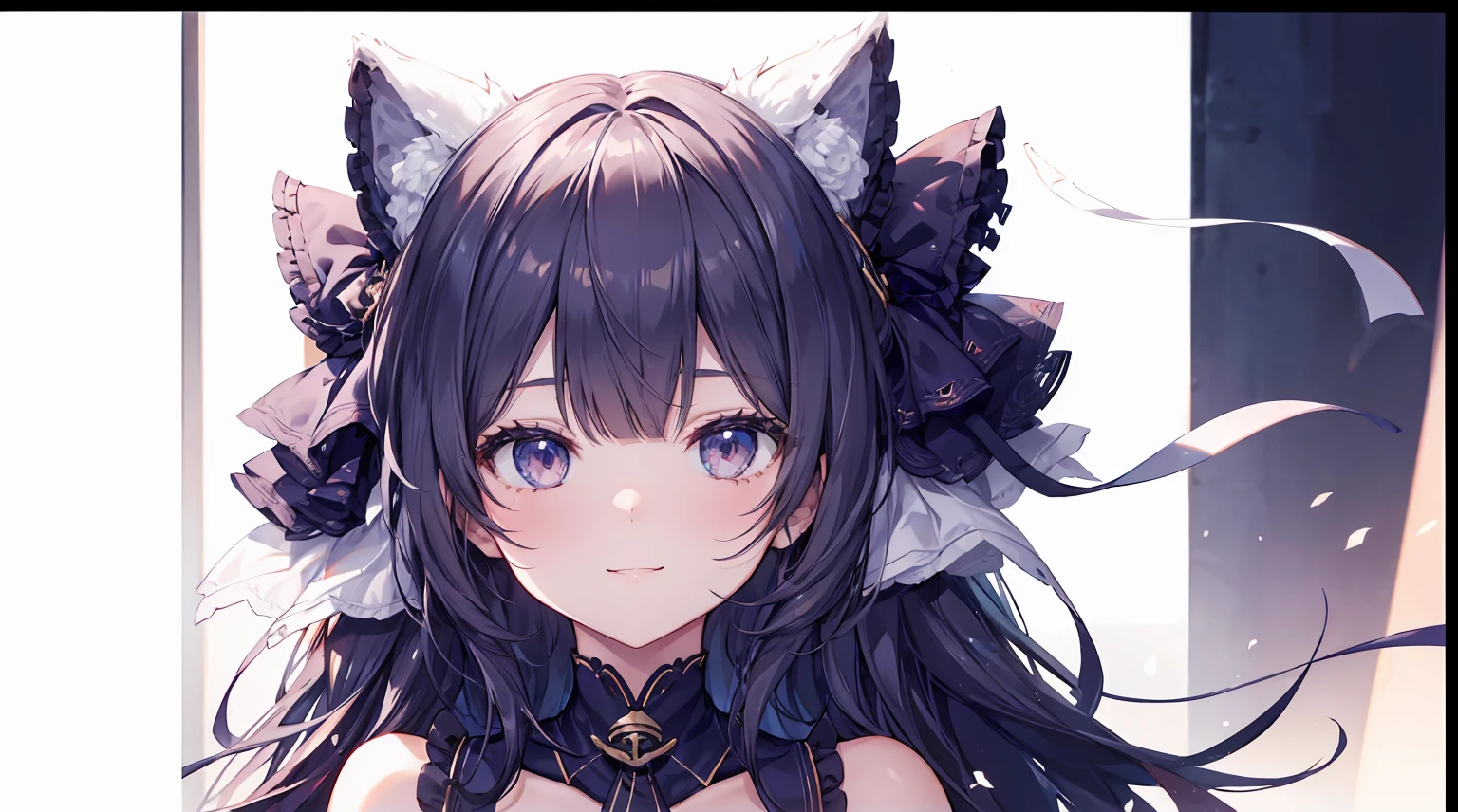 a 1girl, Someone, neko smile, Cat's ears, 8K quality, Best Quality, hairlong, a beautiful background, 1920x1080 resolution, beatiful face,