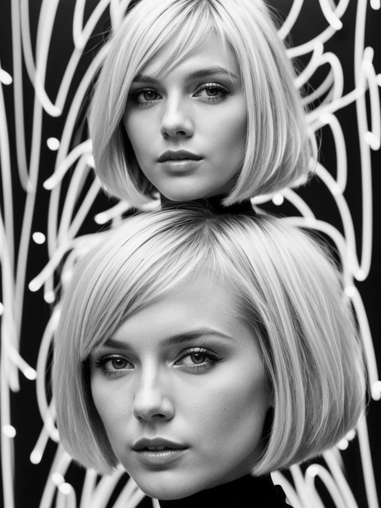 (full body shot, ultra-detailed, best quality, photorealistic:1.37, 4k, realistic, photography, blonde bob cut hairstyle, tall Fashion Model, model stance pose, optical art, black and white design, detailed facial features, optical art in the background, vibrant colours, in the style of Helmut Newton, 35mm)