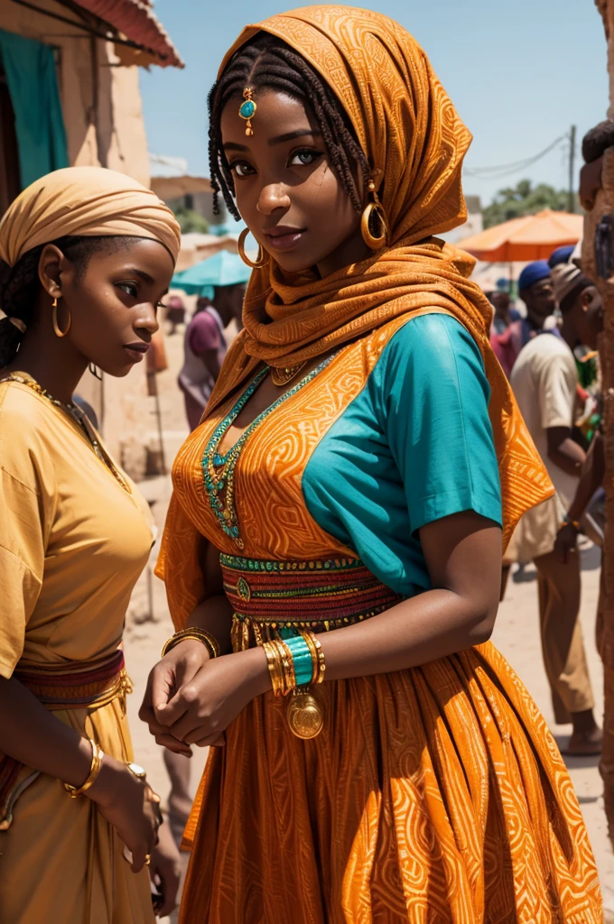 Nubian, islamic, woman, colorful clothing, nose ring, hazel eyes, chocolate sun kissed skin, bright orange dress, 8k