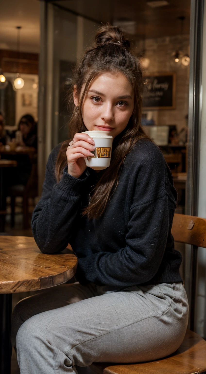 (((do not change her face))), ((RAW), a photo of a young girl, 25 years old, bun hair, top knot, black hair, winter, in a cozy place, sitting, coffee, winter clothes, (winter), indoor, a nice cafe, trousers