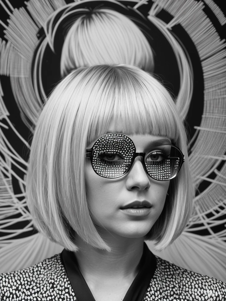 (full body shot, ultra-detailed, best quality, photorealistic:1.37, 4k, realistic, portrait, photography, blonde bob cut hairstyle, tall Fashion Model, model stance pose, optical art, black and white design, detailed facial features, optical art in the background, vibrant colours, in the style of Helmut Newton, 35mm)