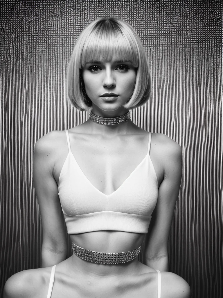 (full body shot, ultra-detailed, best quality, photorealistic:1.37, 4k, realistic, photography, blonde bob cut hairstyle, tall Fashion Model, standup pose, optical art, black and white design, detailed facial features, optical art in the background, vibrant colours, in the style of Helmut Newton, 35mm)