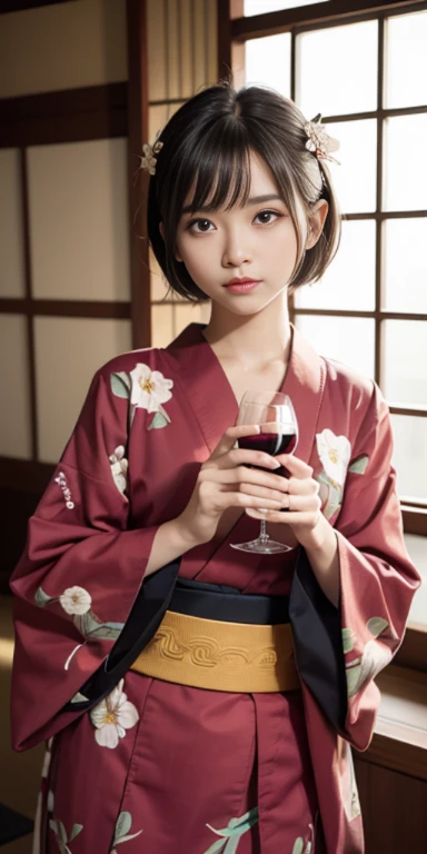 (masutepiece, Best Quality:1.4), Beautiful face, 8K, 85 mm, absurderes, ((Cowboy Shot:1.3))、((traditional Japanese room、With futon))、(Floral pattern long-sleeved kimono:1.4), cowboy shot、((drinking wine:1.4))、violaceaess, gardeniass, Delicate girl, Solo, ((extremely short hairstyle:1.4))、Night, Looking at Viewer, Upper body, Film grain, chromatic abberation, Sharp Focus, face lights, Professional Lighting, Sophisticated, (Smile:0.4), (Simple background, Bokeh background:1.2), Detail Face