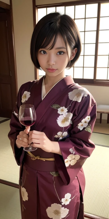 (masutepiece, Best Quality:1.4), Beautiful face, 8K, 85 mm, absurderes, ((Cowboy Shot:1.3))、((traditional Japanese room、With futon))、(Floral pattern long-sleeved kimono:1.4), cowboy  shot、((drinking wine:1.4))、violaceaess, gardeniass, Delicate girl, Solo, ((extremely short hairstyle:1.4))、Night, Looking at Viewer, Upper body, Film grain, chromatic abberation, Sharp Focus, face lights, Professional Lighting, Sophisticated, (Smile:0.4), (Simple background, Bokeh background:1.2), Detail Face
