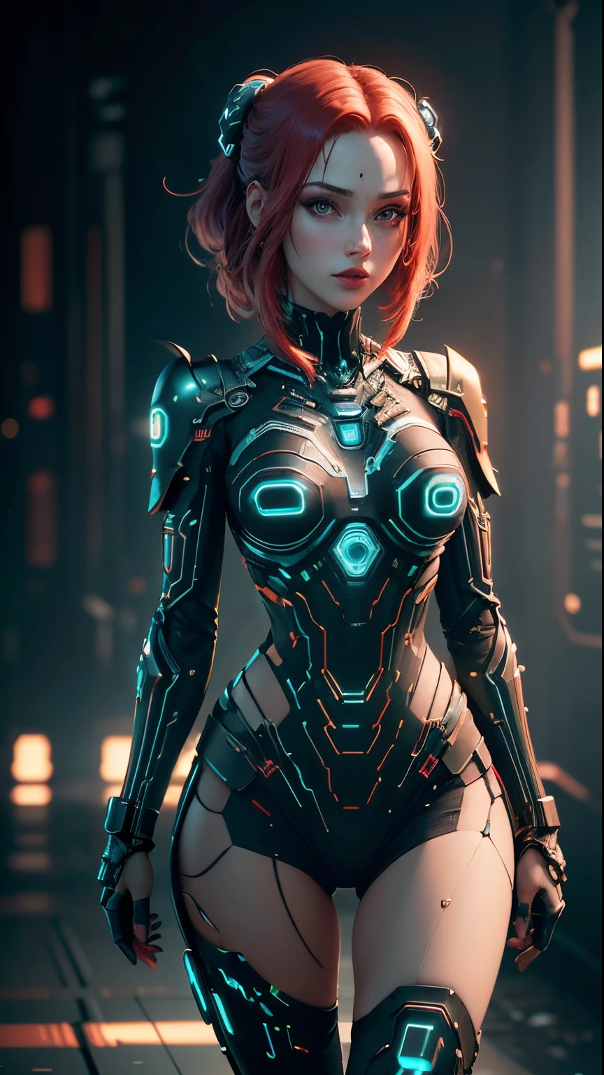 (Best Quality), ((Masterpiece)), (detail: 1.4), 3D, Beautiful Cyberpunk Female Image with Different Actions, red lips, pale face, beautiful face, red hair,red eyes , HDR (High Dynamic Range), Ray Tracing, NVIDIA RTX, Super Resolution, Unreal 5, Subsurface Scattering, PBR Textures, Post Processing, Anisotropic Filtering, Depth of Field, Maximum Clarity and Acutance, Multi-layer Textures, Albedo and Highlight Maps, Surface Shading, Accurate Simulation of Light-Material Interactions, Perfect Proportions, Octane Rendering, Duotone Lighting, wide aperture, low ISO, white balance, rule of thirds, 8K RAW, circuit board AI,