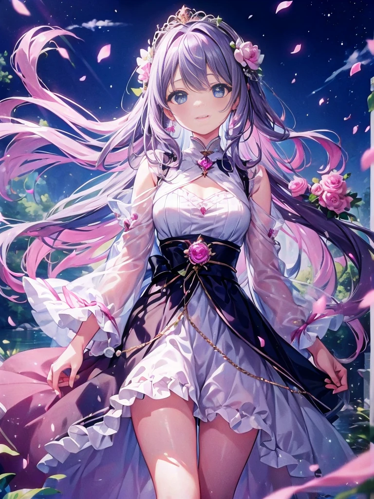 (((tmasterpiece)))、(((top-quality)))、((ultra - detailed))、(Lighting)、((Extremely Delicately Beautiful))、、Hefty Smile、floating、light violet hair、(detailedlight) (1 girl in)、、独奏、hairy、The wind is blowing、A WORLD、(adorable eyes:1.5)、Pink Moon、pink skies、Soft pink clouds、Pink waves sparkling、Sparkling、Pink roses in a sea of pink、Fantastical、diamond、diadems、kosmos、Soft lighting、