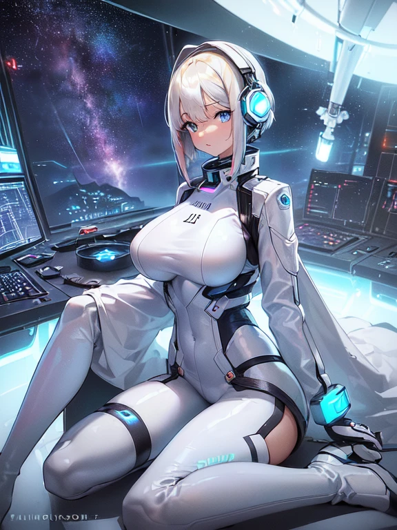 ​masterpiece:1.4, 1girl in ((20yr old, Wearing a futuristic white and silver costume, Tight Fit Bodysuit, long boots, Very gigantic-breasts, Multicolored blonde hair, a short bob, Perfect model body, Blue eyes:1.2, Wearing headphones, Looking out the window of the futuristic sci-fi space station、While admiring the beautiful galaxy:1.2, SFSF control room on night background:1.1, Neon and energetic atmosphere:1.2)) ((Galaxy))