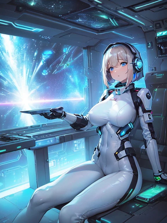 masterpiece:1.4, 1girl in ((20yr old, Wearing a futuristic white and silver costume, Tight Fit Bodysuit, long boots, Very gigantic-breasts, Multicolored blonde hair, a short bob, Perfect model body, Blue eyes:1.2, Wearing headphones, Looking out the window of the futuristic sci-fi space station、While admiring the beautiful galaxy:1.2, SFSF control room on night background:1.1, Neon and energetic atmosphere:1.2)) ((Galaxy))
