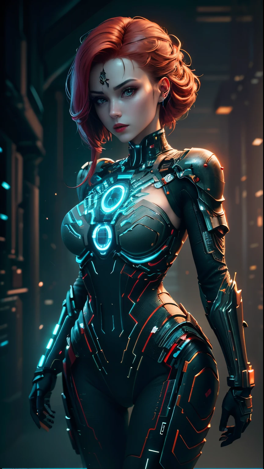 (Best Quality), ((Masterpiece)), (detail: 1.4), 3D, Beautiful Cyberpunk Female Image with Different Actions, red lips, pale face, beautiful face, red hair,red eyes , HDR (High Dynamic Range), Ray Tracing, NVIDIA RTX, Super Resolution, Unreal 5, Subsurface Scattering, PBR Textures, Post Processing, Anisotropic Filtering, Depth of Field, Maximum Clarity and Acutance, Multi-layer Textures, Albedo and Highlight Maps, Surface Shading, Accurate Simulation of Light-Material Interactions, Perfect Proportions, Octane Rendering, Duotone Lighting, wide aperture, low ISO, white balance, rule of thirds, 8K RAW, circuit board AI,