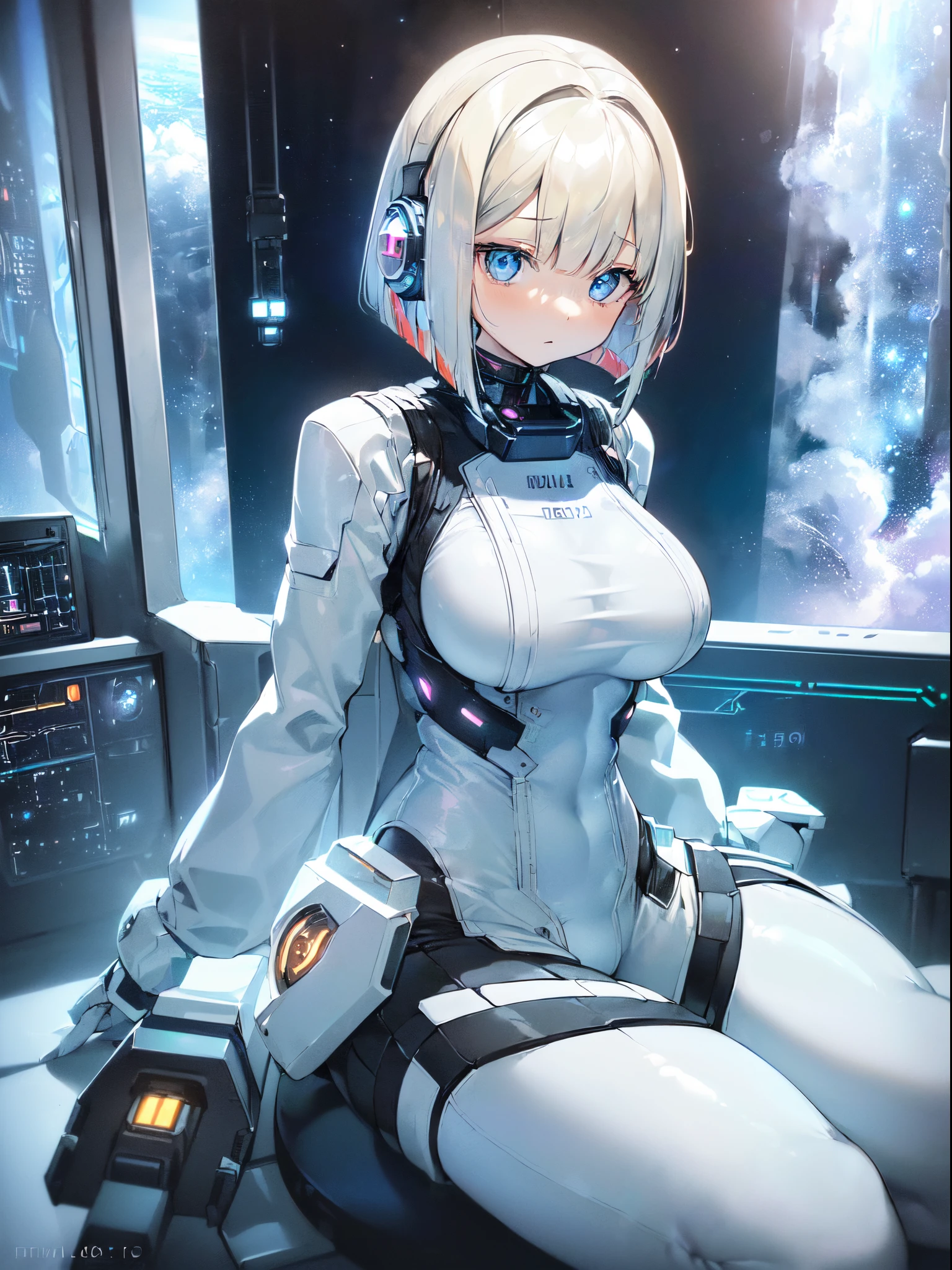 ​masterpiece:1.4, 1girl in ((20yr old, Wearing a futuristic white and silver costume, Tight Fit Bodysuit, long boots, Very gigantic-breasts, Multicolored blonde hair, a short bob, Perfect model body, Blue eyes:1.2, Wearing headphones, Looking out the window of the futuristic sci-fi space station、While admiring the beautiful galaxy:1.2, SFSF control room on night background:1.1, Neon and energetic atmosphere:1.2)) ((Galaxy))