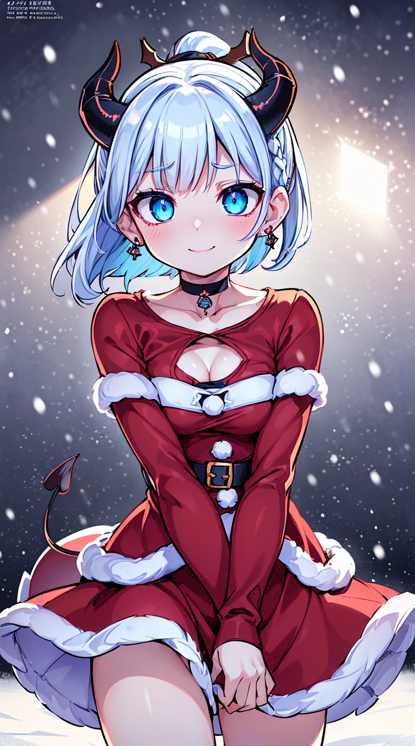 ((( (Winter background), (Snowing), (Christmas theme), (Slutty Santa outfit), ))) BLACKLIGHT, ((NSFW)), ((Medium Boobs)), realistic art, extremely delicate and beautiful, ultra-detailed, (1girl), ((Blue eyes)), floating, detailed light, illustration, dynamic angle, depth of field, ((((milf)))), girly, ((Blue and White hair, multicoloured hair, Blue highlights hair, (Ponytail), hair ornament, hair flower, flower, makeup, braid, smile)), demon eyes, fangs, pale white skin, (((best quality, tall girl, (skindentation), (blur background:0.6), (casual yet stylish, ((Demon Horns)), ), gorgeous, (short hair:1.5), soft lighting, wind, (front light:1.5), surprised, choker, smile, jewelry, earrings))), (ultra high res, best quality,), (8k, raw photo, best quality, masterpiece), technological sense, best quality, masterpiece, illustration,CG ,unity ,wallpaper, official art, Amazing, finely detail, an extremely delicate and beautiful,extremely detailed, highly detailed, sharp focus,rich background, (real person,photograph), ((high detailed skin)), ((( , (crazy eyes:1.3), (wide-eyed:1.2), (glowing eyes), (Demon) ))), (((a close up of a person with a weird face and nails, gothic maiden anime girl, gothic - cyberpunk, cyberpunk horror style, gothic art style, detailed digital anime art, gothic art, demon anime girl, gothic girl face, anime style 4 k, dark art style, anime cyberpunk art, gothic aesthetic, 18 - year - old anime goth girl, gothic horror vibes)))