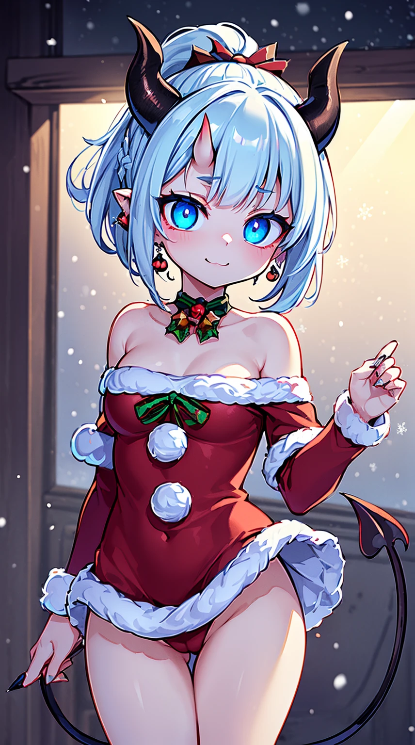 ((( (Winter background), (Snowing), (Christmas theme), (Slutty Santa outfit), ))) BLACKLIGHT, ((NSFW)), ((Medium Boobs)), realistic art, extremely delicate and beautiful, ultra-detailed, (1girl), ((Blue eyes)), floating, detailed light, illustration, dynamic angle, depth of field, ((((milf)))), girly, ((Blue and White hair, multicoloured hair, Blue highlights hair, (Ponytail), hair ornament, hair flower, flower, makeup, braid, smile)), demon eyes, fangs, pale white skin, (((best quality, tall girl, (skindentation), (blur background:0.6), (casual yet stylish, ((Demon Horns)), ), gorgeous, (short hair:1.5), soft lighting, wind, (front light:1.5), surprised, choker, smile, jewelry, earrings))), (ultra high res, best quality,), (8k, raw photo, best quality, masterpiece), technological sense, best quality, masterpiece, illustration,CG ,unity ,wallpaper, official art, Amazing, finely detail, an extremely delicate and beautiful,extremely detailed, highly detailed, sharp focus,rich background, (real person,photograph), ((high detailed skin)), ((( , (crazy eyes:1.3), (wide-eyed:1.2), (glowing eyes), (Demon) ))), (((a close up of a person with a weird face and nails, gothic maiden anime girl, gothic - cyberpunk, cyberpunk horror style, gothic art style, detailed digital anime art, gothic art, demon anime girl, gothic girl face, anime style 4 k, dark art style, anime cyberpunk art, gothic aesthetic, 18 - year - old anime goth girl, gothic horror vibes)))