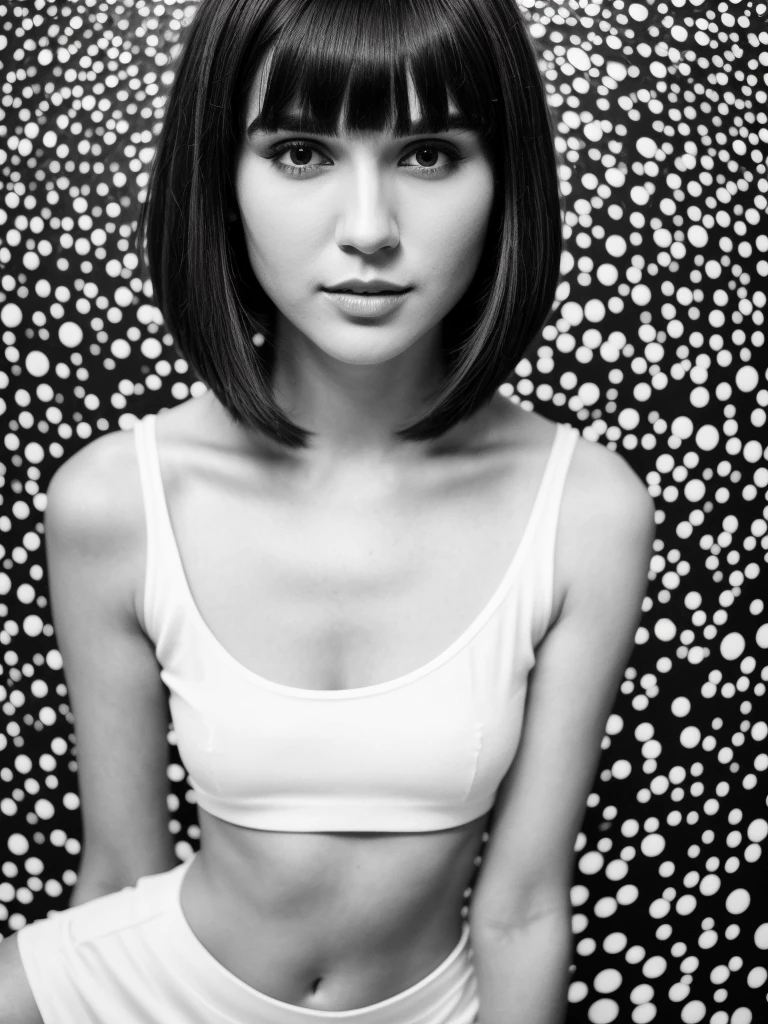 (full body shot, ultra-detailed, best quality, photorealistic:1.37, 4k, realistic, photography, brunette bob cut hairstyle, tall Fashion Model, standup pose, optical art, black and white design, detailed facial features, optical art in the background, vibrant colours, 35mm)