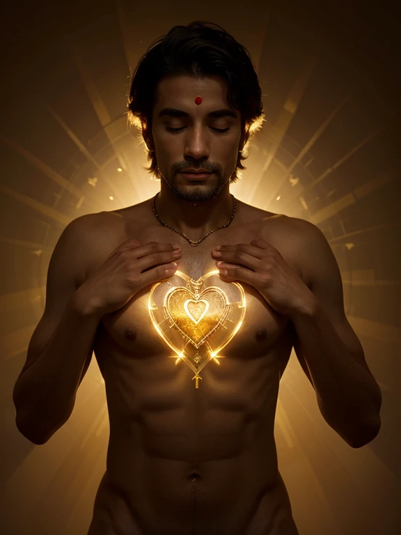 Man with all chakras and a heart coming out of his chest, a golden and illuminated light.
