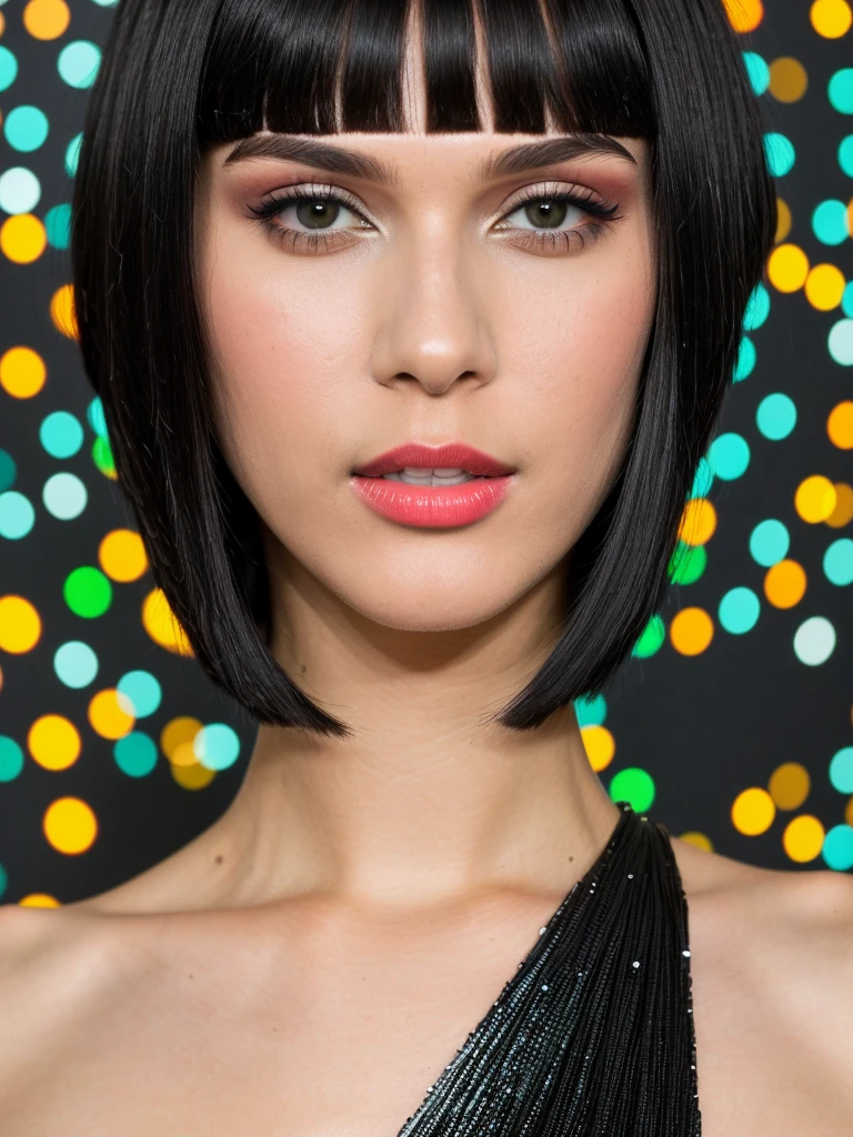 (full body shot, ultra-detailed, best quality, photorealistic:1.37, 4k, realistic, photography, black bob cut hairstyle, tall Fashion Model, standup pose, optical art, detailed facial features, optical art in the background, vibrant colours, 50mm)
