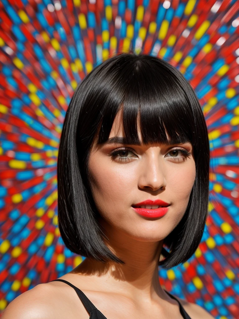 (full body shot, ultra-detailed, best quality, photorealistic:1.37, 4k, realistic, photography, black bob cut hairstyle, tall Fashion Model, standup pose, optical art, detailed facial features, optical art in the background, vibrant colours, 50mm)