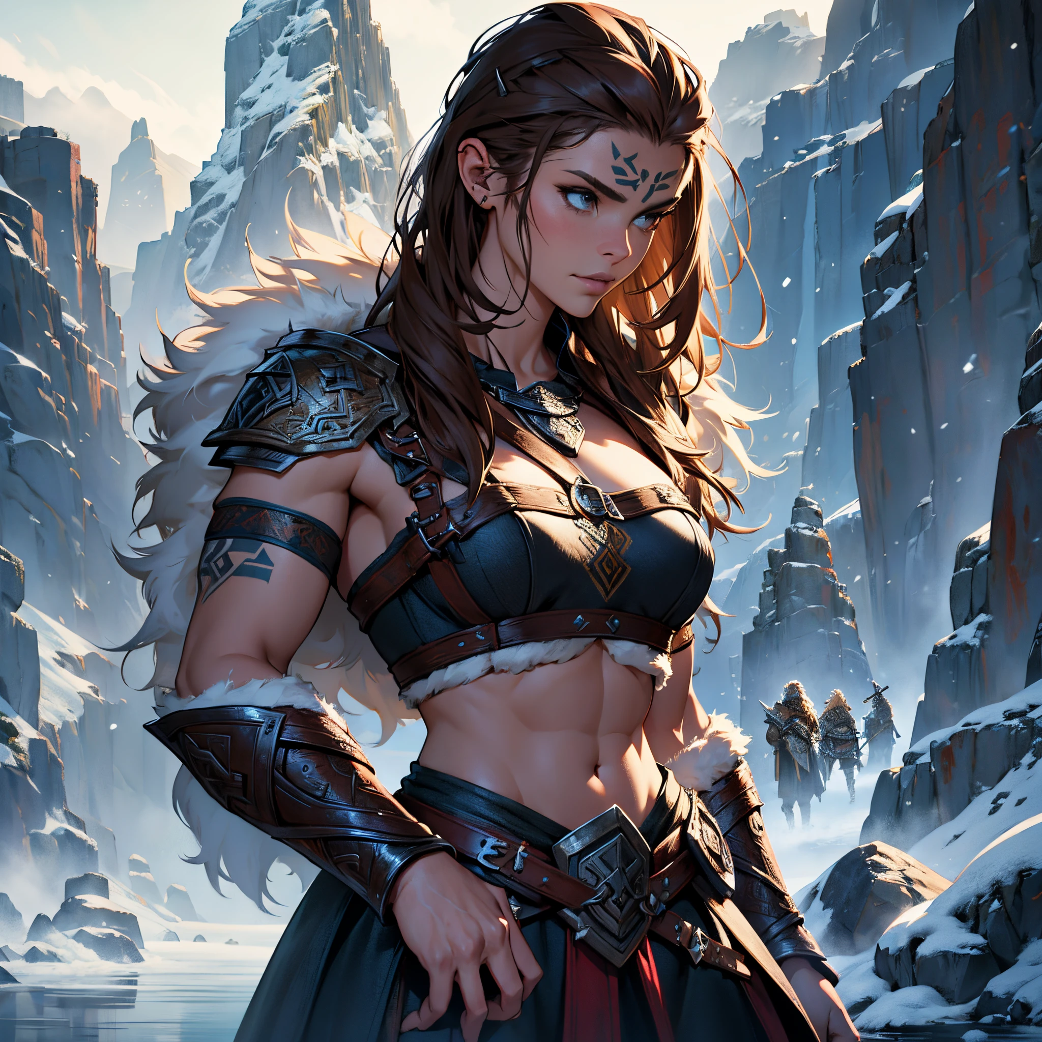 ​masterpiece, Best Quality, detailed, Cinematics, 4k, Background with:Viking buildings built on snowy fjord cliffs, Viking woman warrior wearing armor and fur coat with rune tattoos