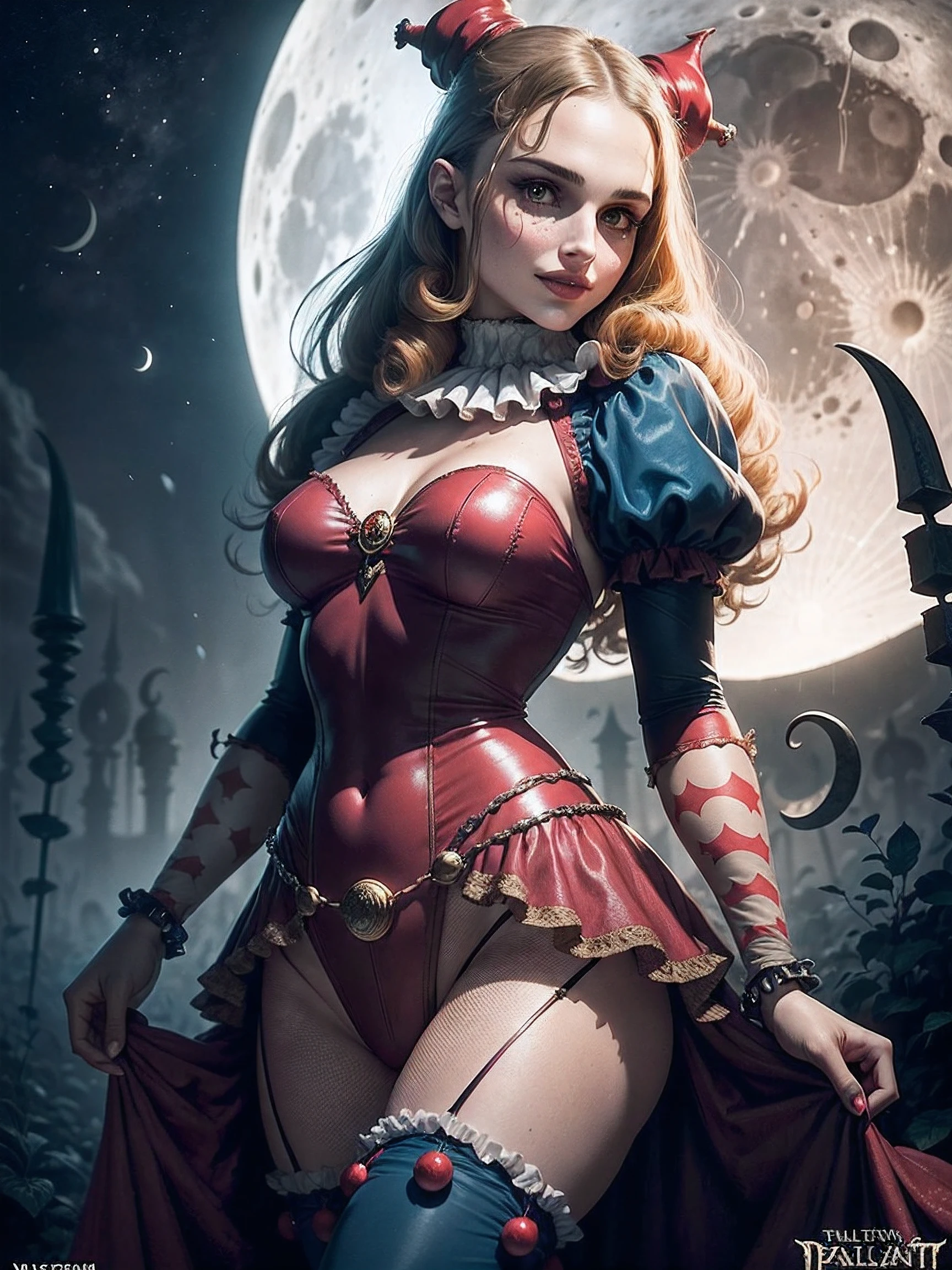 1970's dark fantasy heavy metal disc cover. natalie portman as a girl clown. tight jester suit. gentle smile. (Moon night desolation). freckles. slender and beautiful. intricate detail