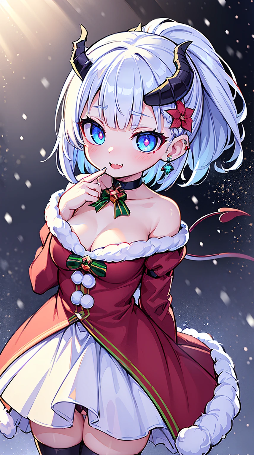 ((( (Winter background), (Snowing), (Christmas theme), (Slutty Santa outfit), ))) BLACKLIGHT, ((NSFW)), ((Medium Boobs)), realistic art, extremely delicate and beautiful, ultra-detailed, (1girl), ((Blue eyes)), floating, detailed light, illustration, dynamic angle, depth of field, ((((milf)))), girly, ((Blue and White hair, multicoloured hair, Blue highlights hair, (Ponytail), hair ornament, hair flower, flower, makeup, braid, smile)), demon eyes, fangs, pale white skin, (((best quality, tall girl, (skindentation), (blur background:0.6), (casual yet stylish, ((Demon Horns)), ), gorgeous, (short hair:1.5), soft lighting, wind, (front light:1.5), surprised, choker, smile, jewelry, earrings))), (ultra high res, best quality,), (8k, raw photo, best quality, masterpiece), technological sense, best quality, masterpiece, illustration,CG ,unity ,wallpaper, official art, Amazing, finely detail, an extremely delicate and beautiful,extremely detailed, highly detailed, sharp focus,rich background, (real person,photograph), ((high detailed skin)), ((( , (crazy eyes:1.3), (wide-eyed:1.2), (glowing eyes), (Demon) ))), (((a close up of a person with a weird face and nails, gothic maiden anime girl, gothic - cyberpunk, cyberpunk horror style, gothic art style, detailed digital anime art, gothic art, demon anime girl, gothic girl face, anime style 4 k, dark art style, anime cyberpunk art, gothic aesthetic, 18 - year - old anime goth girl, gothic horror vibes)))