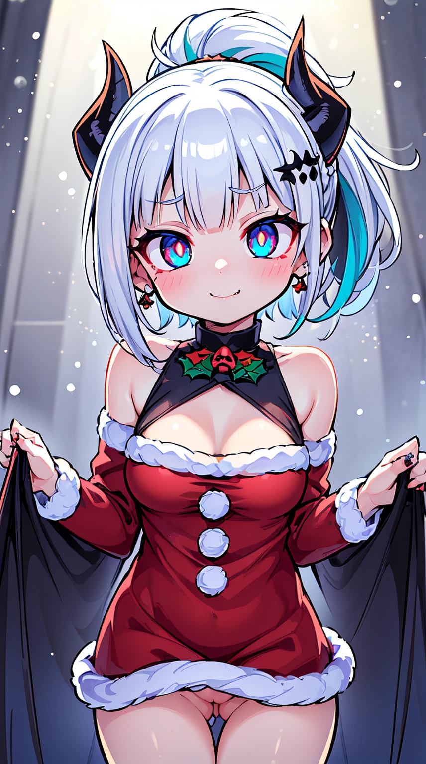 ((( (Winter background), (Snowing), (Christmas theme), (Slutty Santa outfit), ))) BLACKLIGHT, ((NSFW)), ((Medium Boobs)), realistic art, extremely delicate and beautiful, ultra-detailed, (1girl), ((Blue eyes)), floating, detailed light, illustration, dynamic angle, depth of field, ((((milf)))), girly, ((Blue and White hair, multicoloured hair, Blue highlights hair, (Ponytail), hair ornament, hair flower, flower, makeup, braid, smile)), demon eyes, fangs, pale white skin, (((best quality, tall girl, (skindentation), (blur background:0.6), (casual yet stylish, ((Demon Horns)), ), gorgeous, (short hair:1.5), soft lighting, wind, (front light:1.5), surprised, choker, smile, jewelry, earrings))), (ultra high res, best quality,), (8k, raw photo, best quality, masterpiece), technological sense, best quality, masterpiece, illustration,CG ,unity ,wallpaper, official art, Amazing, finely detail, an extremely delicate and beautiful,extremely detailed, highly detailed, sharp focus,rich background, (real person,photograph), ((high detailed skin)), ((( , (crazy eyes:1.3), (wide-eyed:1.2), (glowing eyes), (Demon) ))), (((a close up of a person with a weird face and nails, gothic maiden anime girl, gothic - cyberpunk, cyberpunk horror style, gothic art style, detailed digital anime art, gothic art, demon anime girl, gothic girl face, anime style 4 k, dark art style, anime cyberpunk art, gothic aesthetic, 18 - year - old anime goth girl, gothic horror vibes)))