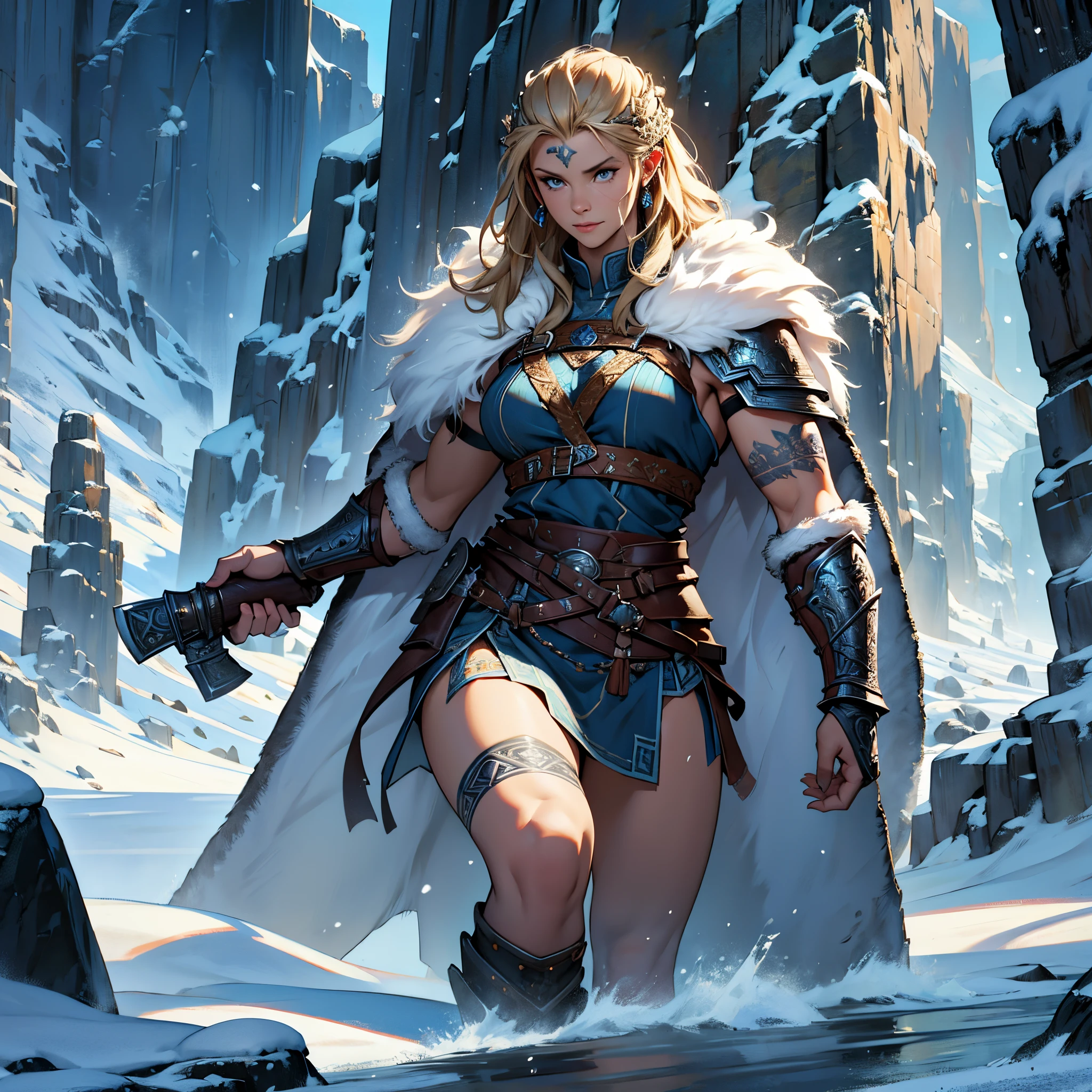 ​masterpiece, Best Quality, detailed, Cinematics, 4k, Background with:Viking buildings built on snowy fjord cliffs, Viking woman warrior wearing armor and fur coat with rune tattoos