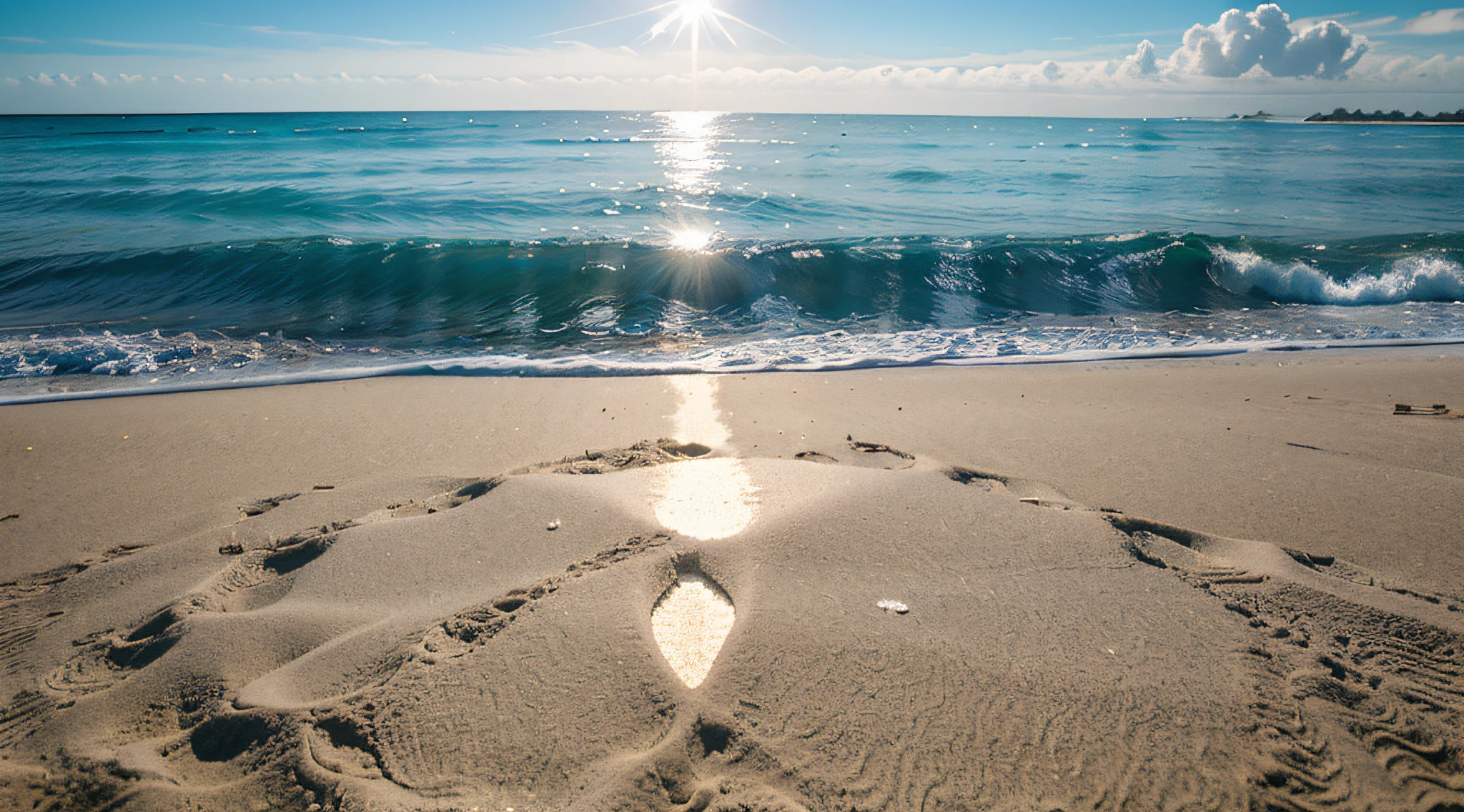 8K resolution, estilo hiper-realismo. | You find yourself on a paradisiacal beach, where the crystal clear waters of the sea stretch as far as the eye can see. A areia branca e fina reflete o brilho do sol. O mar tem uma infinidade de tons de azul e verde, com ondas suaves que quebram na costa. | Realistic composition captures every detail, from the textures of the sand to the translucency of the water. Sunlight creates sparkles on the sea surface. | A faithful representation of the natural beauty of the sea, inviting you to dive into its crystal clear waters.