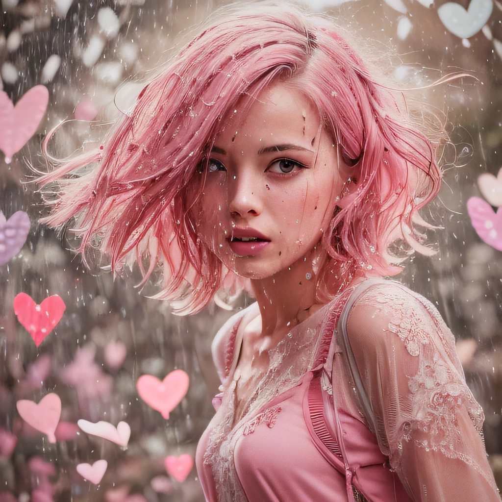 girl in pink shaded dress with pink shaded hair is flying in a background of broken hearts, STABLE DIFFUSION 2.1 REALISTIC PHOTOREAL closup , cute girl, tiefer ausschnitt, small tits, wet transparent top, Masterpiece, absurdres,award winning photo, extremely detailed, amazing, fine detail,