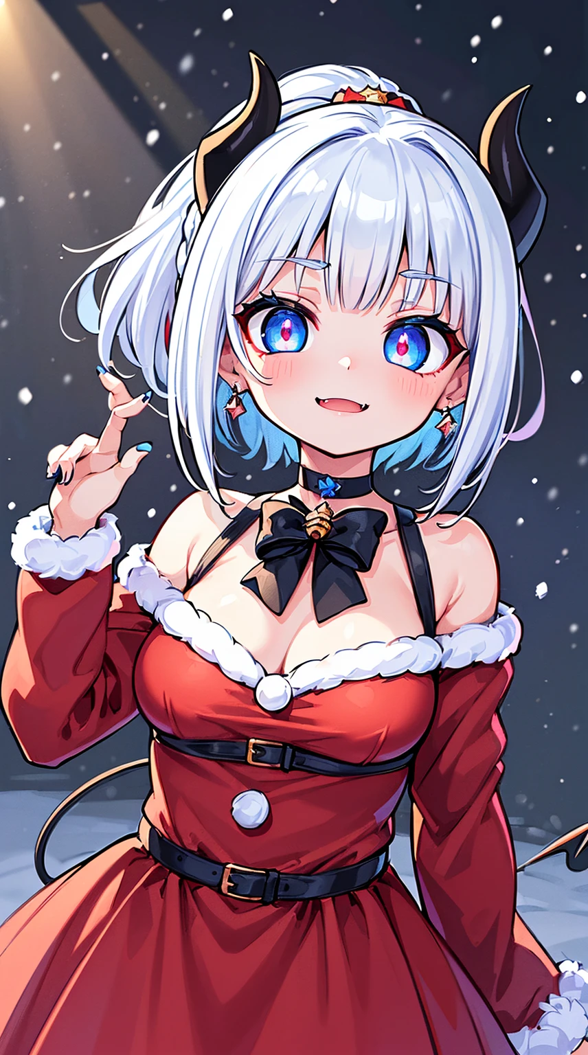 ((( (Winter background), (Snowing), (Christmas theme), (Slutty Santa outfit), ))) BLACKLIGHT, ((NSFW)), ((Medium Boobs)), realistic art, extremely delicate and beautiful, ultra-detailed, (1girl), ((Blue eyes)), floating, detailed light, illustration, dynamic angle, depth of field, ((((milf)))), girly, ((Blue and White hair, multicoloured hair, Blue highlights hair, (Ponytail), hair ornament, hair flower, flower, makeup, braid, smile)), demon eyes, fangs, pale white skin, (((best quality, tall girl, (skindentation), (blur background:0.6), (casual yet stylish, ((Demon Horns)), ), gorgeous, (short hair:1.5), soft lighting, wind, (front light:1.5), surprised, choker, smile, jewelry, earrings))), (ultra high res, best quality,), (8k, raw photo, best quality, masterpiece), technological sense, best quality, masterpiece, illustration,CG ,unity ,wallpaper, official art, Amazing, finely detail, an extremely delicate and beautiful,extremely detailed, highly detailed, sharp focus,rich background, (real person,photograph), ((high detailed skin)), ((( , (crazy eyes:1.3), (wide-eyed:1.2), (glowing eyes), (Demon) ))), (((a close up of a person with a weird face and nails, gothic maiden anime girl, gothic - cyberpunk, cyberpunk horror style, gothic art style, detailed digital anime art, gothic art, demon anime girl, gothic girl face, anime style 4 k, dark art style, anime cyberpunk art, gothic aesthetic, 18 - year - old anime goth girl, gothic horror vibes)))