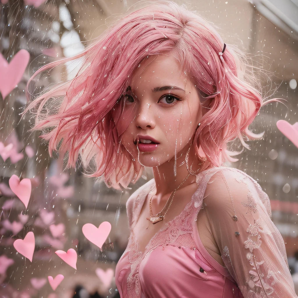 girl in pink shaded dress with pink shaded hair is flying in a background of broken hearts, STABLE DIFFUSION 2.1 REALISTIC PHOTOREAL closup , cute girl, tiefer ausschnitt, small tits, wet transparent top, Masterpiece, absurdres,award winning photo, extremely detailed, amazing, fine detail,