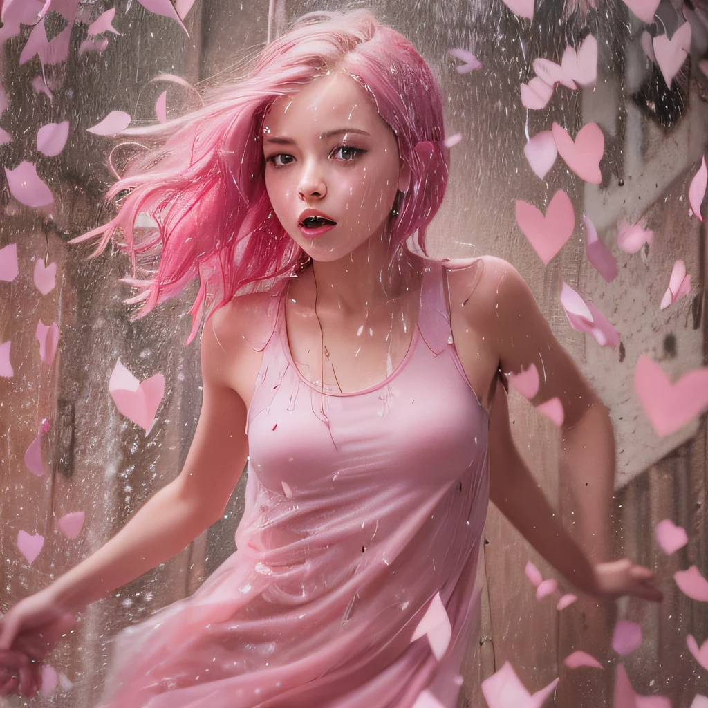 girl in pink shaded dress with pink shaded hair is flying in a background of broken hearts, STABLE DIFFUSION 2.1 REALISTIC PHOTOREAL closup , cute girl, tiefer ausschnitt, small tits, wet transparent top, Masterpiece, absurdres,award winning photo, extremely detailed, amazing, fine detail,