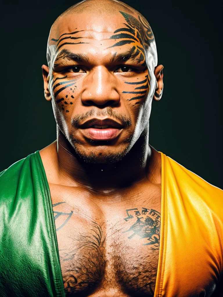 (full body shot, ultra-detailed, best quality, photorealistic:1.37, 4k, realistic, portrait, photography, Mike Tyson, iconic pose, dressed like fairy, detailed facial features, vibrant colours, 35mm)