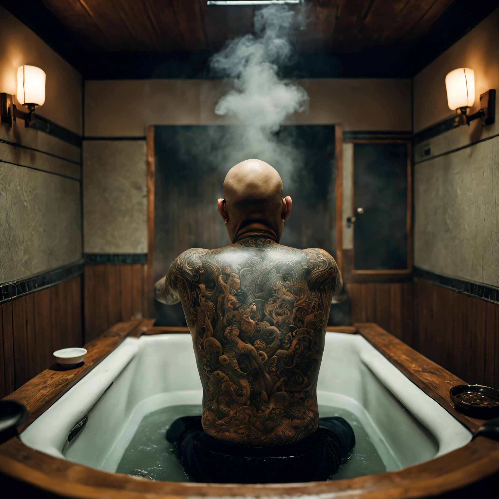 create an image of a japanese mafia, brutal, fierce, intimidating, (irezumi tattoos: 1.3), in the public bath, ryokan, man sitting in the bathtub, big wooden bathtub, bald head, (full body), (back to camera: 1.5). fog, mist. 70's movie style, vintage color film, (wide angle: 1.4)