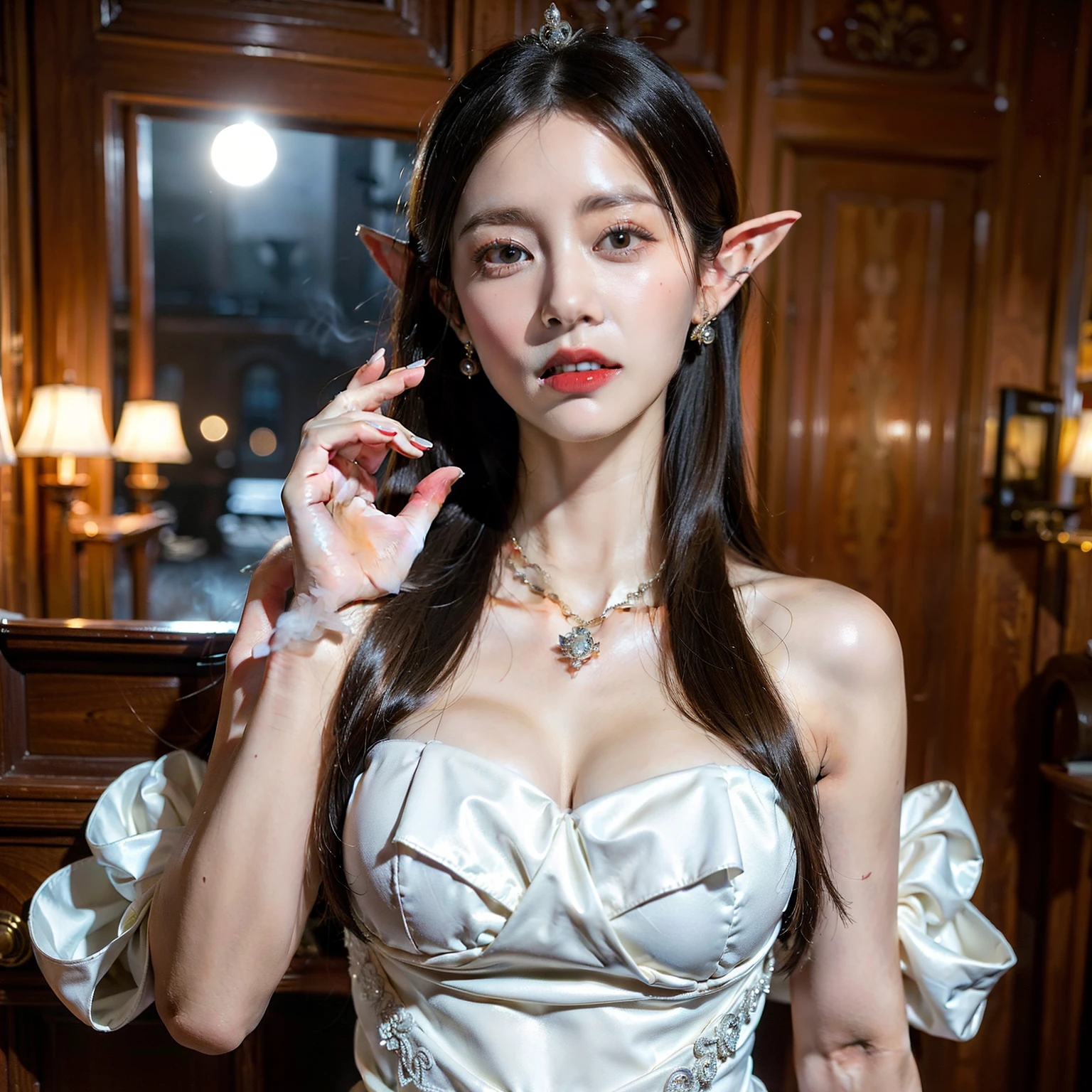 ,((pointy ear)),(((Japan beauties))) ,(number々Award-winning masterpieces of, Stunning detail, Texture & Maximum Detail), (A hyper-realistic:1.4), (realisitic:1.3), (Full body image:1.9), (Upper Body Up:0.2), (Top quality real texture skins), (five perfect and beautiful fingers:1.8), (Vampire aristocracy'ball), (vampire royale ball: 1.8), (Elven Princess: 1.5),((pointy ear)) , (two thick and long vampire fangs: 1.7), (a captivating gaze), (True circular symmetrical eyes with fine details), (Delicate and bewitching, delicate and beautiful face:1.6), (Image of an aesthetic and decadent atmosphere: 1.6), (Beautiful skin and face: 1.6), (She wears a lot of decadent and delicate accessories..: 1.8), (Graceful, Medieval rooms and intricately carved furniture: 1.8), (Fallen Beauty: 1.6), (almost naked sexy dress、Elegant and carefully made.: 1.8), (Graceful, luxuriously crafted accessories:1.8),, ((dramatic photography)), ((Cinematic Light)), (portrait of a full body:1.9), (inquiry), (Looking down), (dramatic pose), (Smoke effect and bewitching light:1.4), beautiful hairl, Beautiful blonde hair, Wind-effect, (Purple smoke in the air: 1.3), Ruins of an old castle, Wang Li Catacombs, (old luxury mansion:1.8), ((a dark night, Full Moon Night, Crescent Night)), Epic Realistic, murky, ((Neutral colors)), Fine Art, (nffsw:1.5), (Muted colors:1.2), Hyper Detail, (Art Station:1.5), One Eye, Warm lighting, lighting effects, dramatic lighting, (intriciate detail:1.1), the complex background, (Greg Rutkowski:0.8), (teal and orange:0.4),