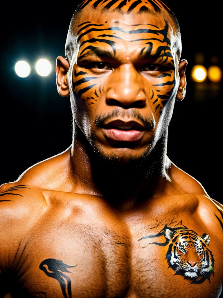 (full body shot, ultra-detailed, best quality, photorealistic:1.37, 4k, realistic, portrait, photography, Mike Tyson, iconic pose, dressed like a tiger, detailed facial features, vibrant colours, 35mm)