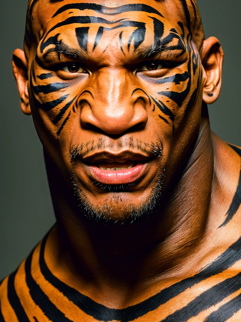 (full body shot, ultra-detailed, best quality, photorealistic:1.37, 4k, realistic, portrait, photography, Mike Tyson, iconic pose, dressed like a tiger, detailed facial features, vibrant colours, 35mm)