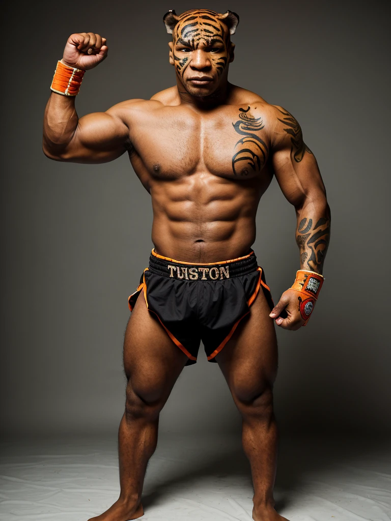 (full body shot, ultra-detailed, best quality, photorealistic:1.37, 4k, realistic, portrait, photography, Mike Tyson, iconic pose, dressed like a tiger, detailed facial features, vibrant colours, 35mm)