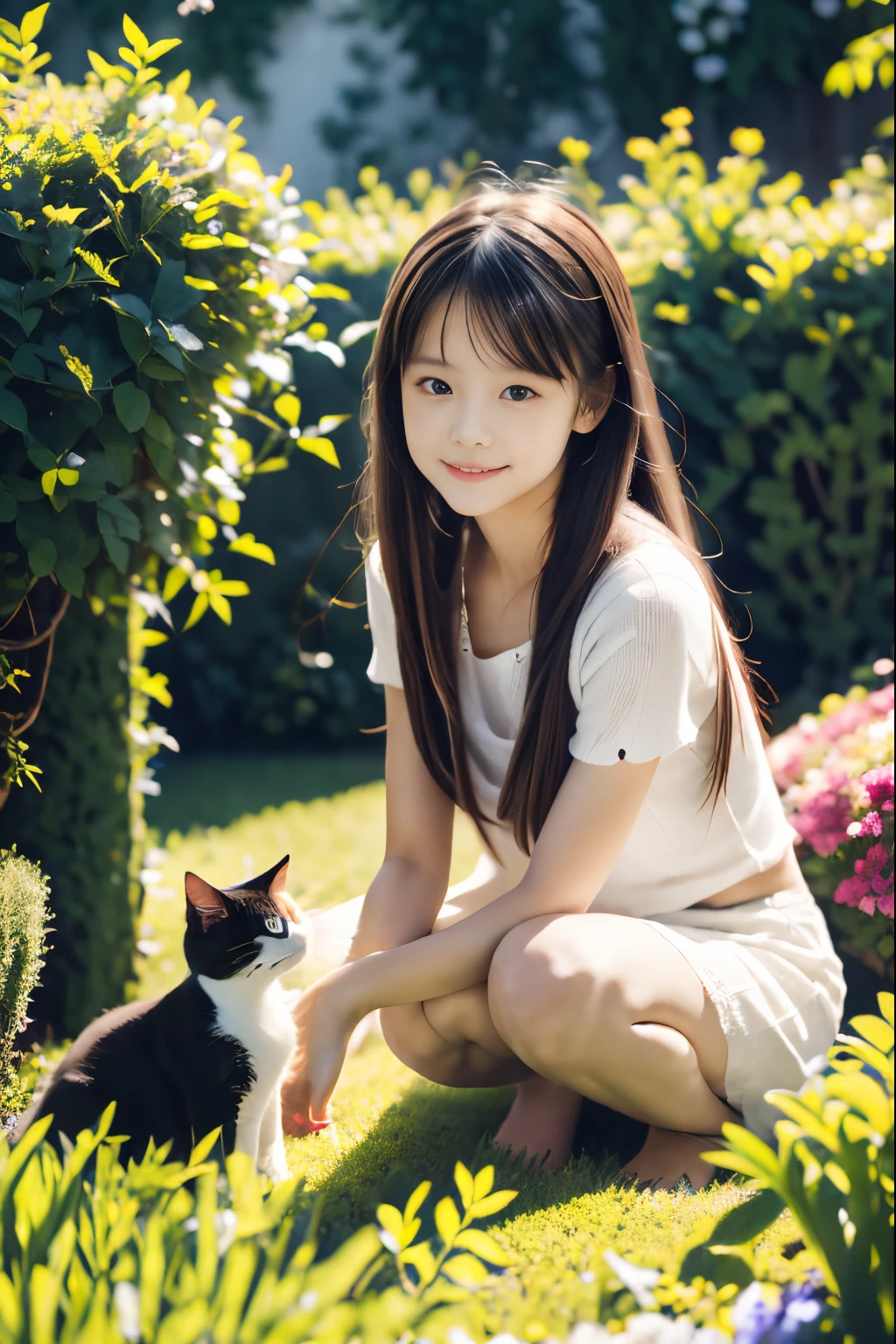 5 year old little girl, trpical garden, And a cat