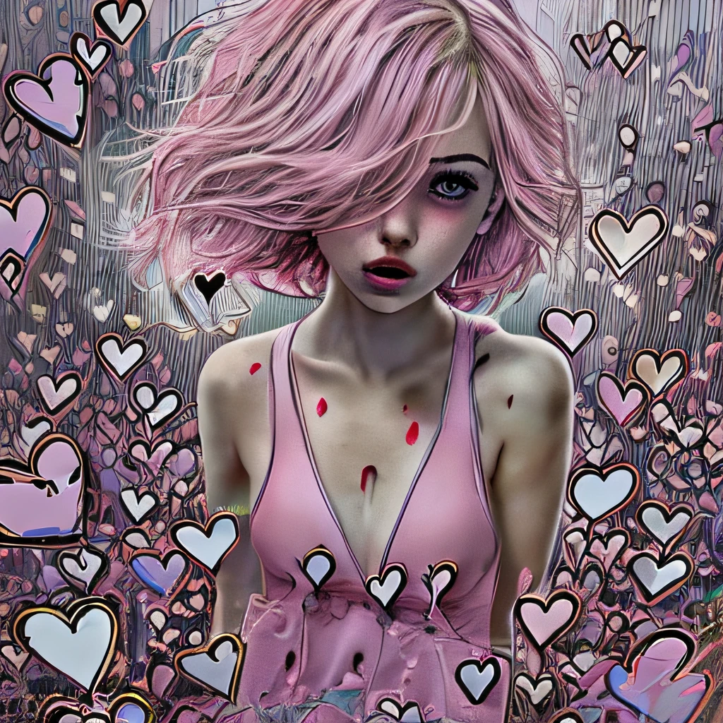 girl in pink shaded dress with pink shaded hair is flying in a background of broken hearts, small tits, transparant