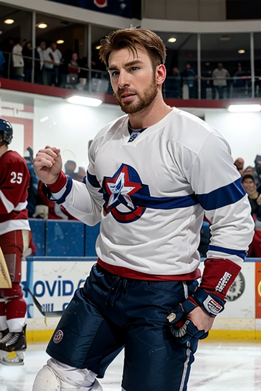 chris evans is a ice hockey player, massive bulge, he is in an ice rink